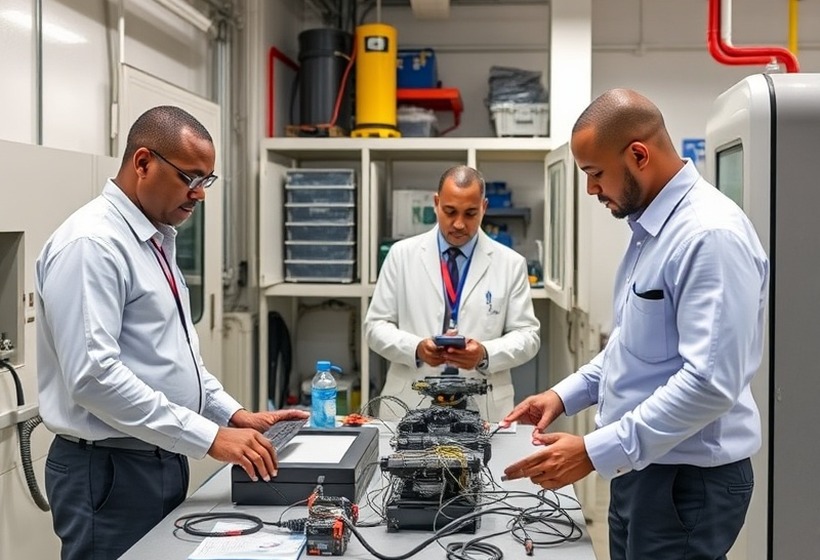 Specialist inspecting the card reader of a self-service terminal